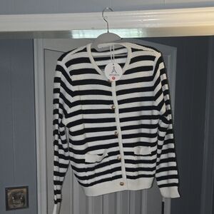 Black & White Striped Button-Front Women's Sweater